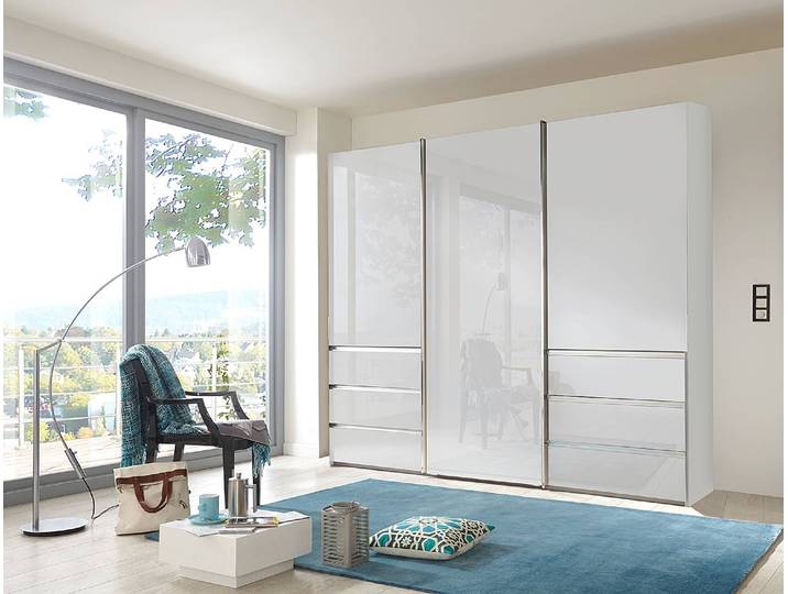 Schwebetürenschrank Glastür 295 x 236cm Weiß/Weiß