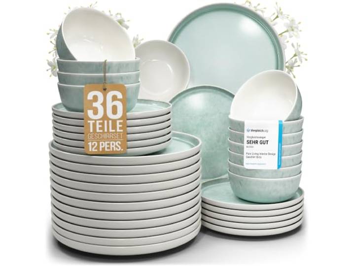 Steingut Geschirrset 12 Personen Ibiza 36 tlg. TESTSIEGER, Traumhaftes Mediterranes Steingut Geschirr Set, Schüssel- und Teller Set, Tafelservice 12 Personen, Geschirrsets Pure Living in Türkis