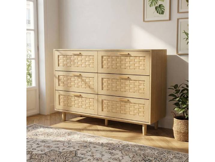 Commode six tiroirs couleur chêne commode de chambre meuble de rangement multifonctionnel commode en bois naturel