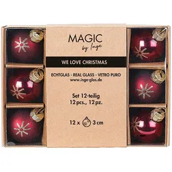 12 Weihnachtskugeln Glas 3cm Glitzer Schneeflocken Motiv Christbaumkugeln Weihnachtsbaumkugeln Christbaumschmuck Weihnachtsbaumschmuck Dunkel Weinrot