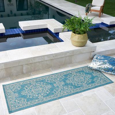 Gertmenian Paseo Ryoan Oasis Aqua/Ivory Traditional Medallion Flatweave Indoor/ Outdoor Area Rug