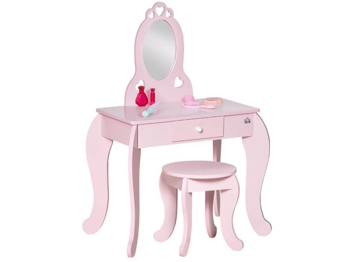 Homcom Coiffeuse en bois pour enfants avec miroir et tabouret, pour filles de 3 à 6 ans, 60x36x88 cm