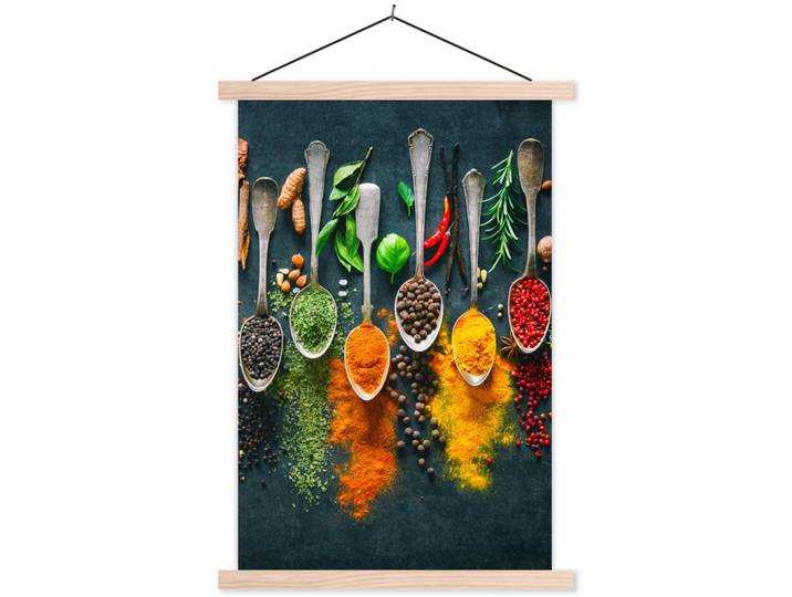 MuchoWow Poster MIT Magnetleisten - Kräuter - Gewürze - Löffel - 60x90 cm, Currygelb, Textil, Rechteckig, 60x90x0.15 cm, Bilder & Rahmen, Bilder, Wandbilder