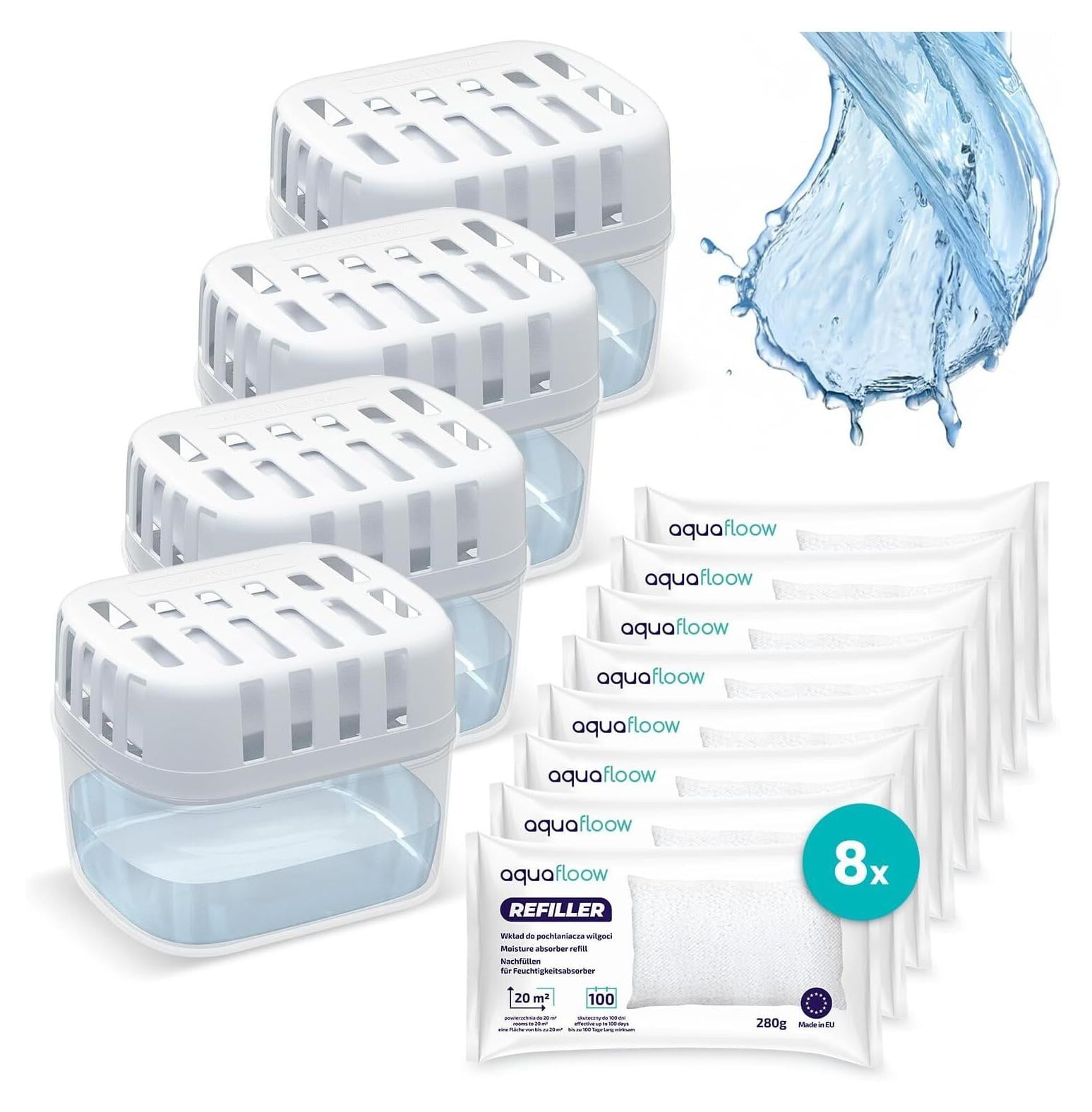Aquafloow Ruimteontvochtiger Set tegen vocht en schimmel, 4 dozen en 8 navulverpakkingen