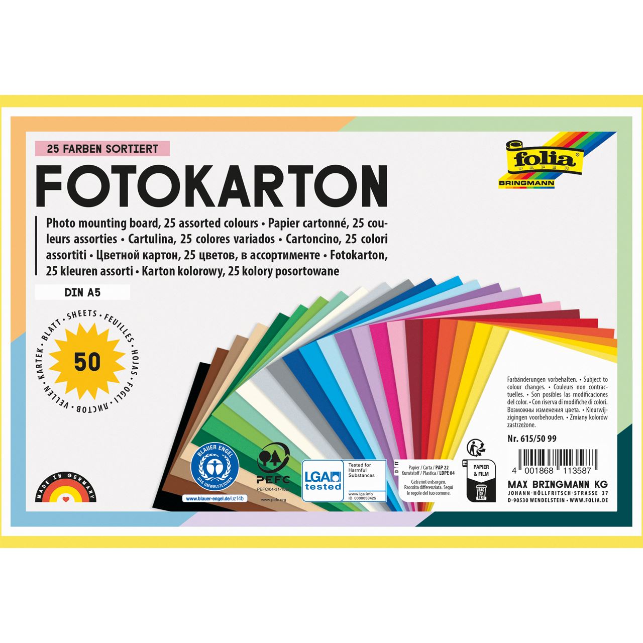 folia Fotokarton farbsortiert 300 g/qm 50 Blatt 615/50 99
