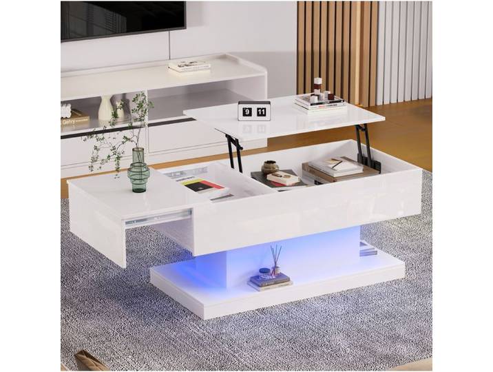ROVRYN Table basse blanche brillante 100 x 50 x 45 cm avec plateau relevable hydraulique coulissant LED