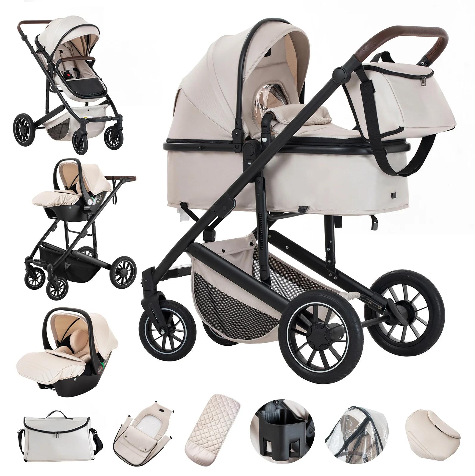 3-in-1 Kombi-Kinderwagen - Reisebuggy mit hoher Sitzposition - Leichter Aluminiumrahmen - Faltbarer 4-Rad-Kinderwagen für Neugeborene bis 2 Jahre - Beige