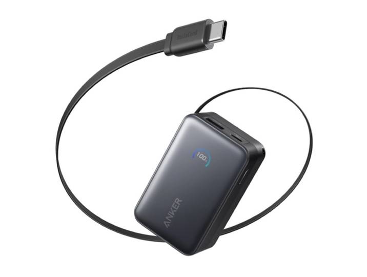 Anker Nano Power Bank (10 000 mAh 45W Built-In Retractable USB-C Cable) Powerbank Zwart