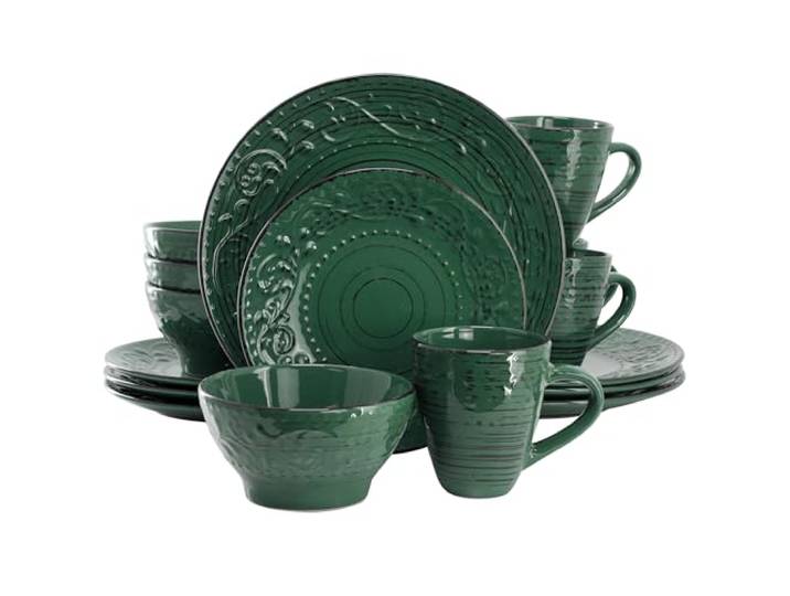 Elama Malibu Sea Glass 16-teiliges Steingut geprägtes Muster Reaktive Glasur Dunkelgrün Geschirrset Geschirr Serviergeschirr Set (Meeresglasgrün)