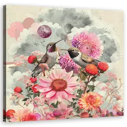 WANDBILD bunte blumen und vögel