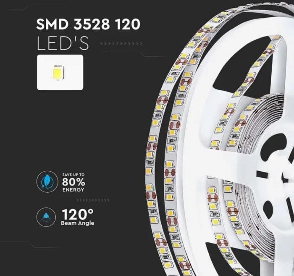 V-Tac Vt-3528 Striscia Led 600led 3528 Strip 5mt 8w/mt Luce Bianco Caldo 3000k 8mm 120led/mt Ip20 Sku 212025