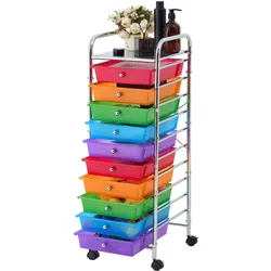 VEVOR Rollwagen mit 10 Schubladen Mobiler Rollcontainer 395x335x990mm Bunt, Metallgestell, Ablagefläche, Handgriffe, Lenkrolle mit 2 Bremsen, Aufbewahrungswagen für Büro Werkstatt Bastelzimmer Garage