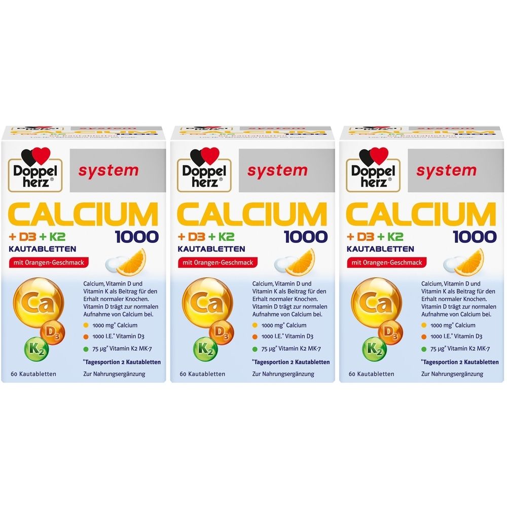 Doppelherz Calcium 1000+D3+K2 system Kautabletten 3x 3x60 St