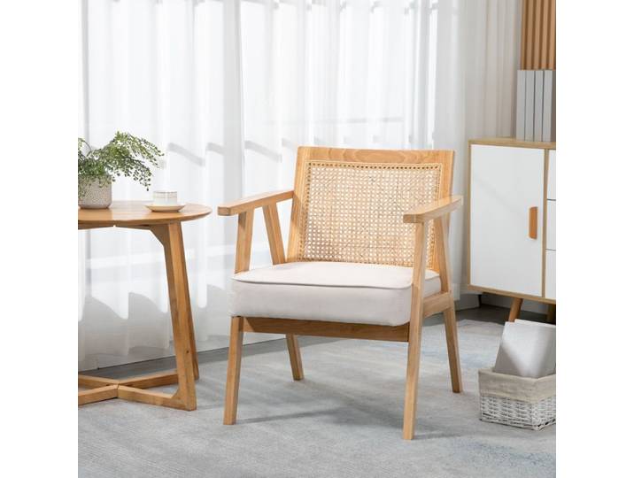 Fauteuil lounge - Hévéa - Bois d'hévéa - Blanc crème - Coussin aspect lin