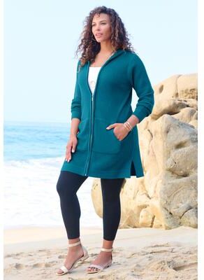Plus Size Women's Waffle Mega Length Zip Hoodie by Roaman's in Deep Teal (Size 22/24)