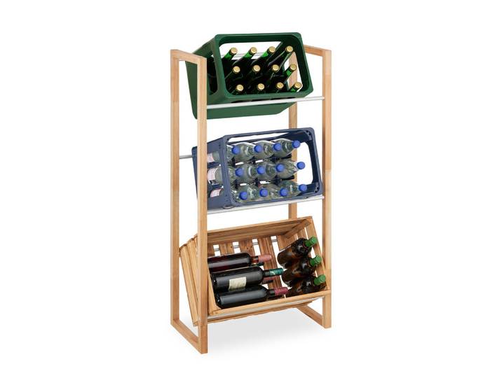 Relaxdays Getränkekistenregal Natur Silber Walnussholz Eisen für 3 Kisten, Hellbraun, Holz, Metall, 58x112x32 cm, Weinregale