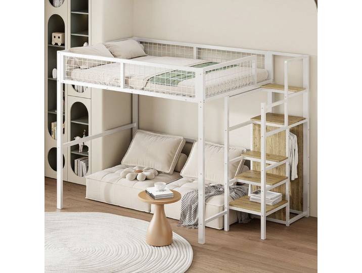 Lit Mezzanine Enfant 140x200cm - Armoire Intégrée - Garde-Corps Mesh - Échelle Sécurisée - Blanc