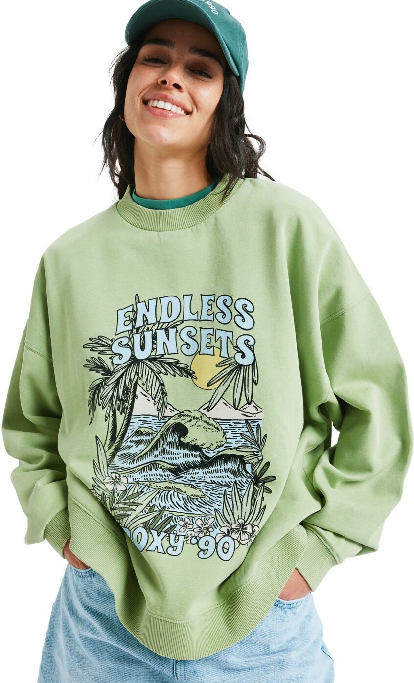 Fleecepullover ROXY "Lineup Oversized", Damen, Gr. XXL, grün (leaf grün), Obermaterial: 55% Baumwolle, 25% Baumwolle, 20% Polyester., Sweatshirts Fleecepullover leaf grün XXL