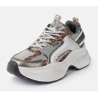 Plateausneaker BUFFALO "Yuno one", Damen, Gr. 40, bunt (weiß, silberfarben, leo), Lederimitat, Textil, metallic, Schuhe Plateausneaker, Halbschuh, Schnürschuh, Retro-Sneaker mit Memory Foam Innensohle