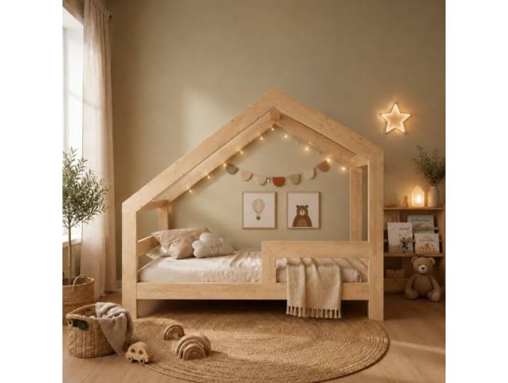 Need Sleep Kinderbett Haus Hausbett 90x180 cm mit Rausfallschutz Kinder Montessori Bett Kleinkind Juniorbett ab 2 Jahre Jungen Mädchen Holz Einzelbett für Kinderzimmer Asymmetrisch