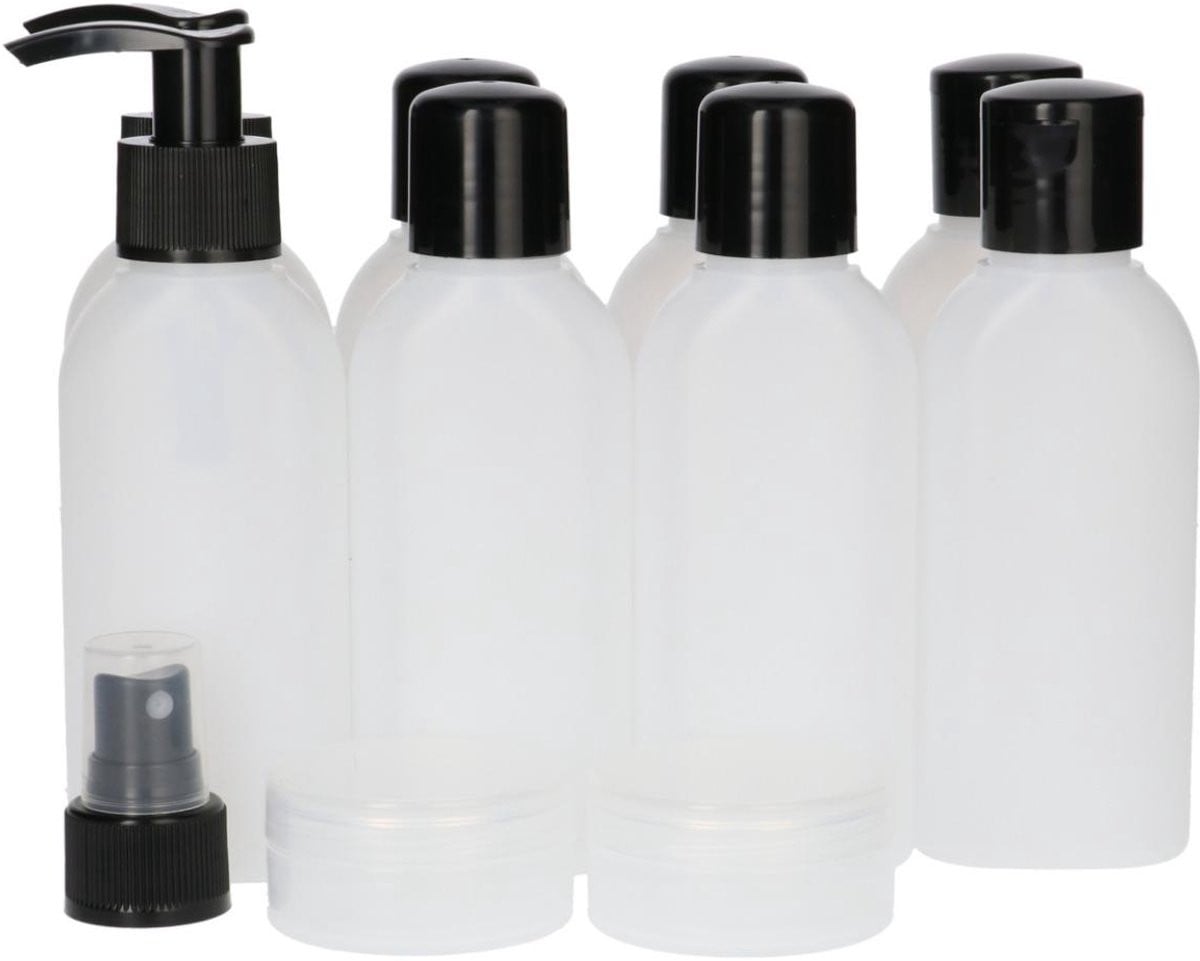 Set van 12 navulbare reisflesjes Business Black - BPA-vrije kunststof PE - Transparant en zwart