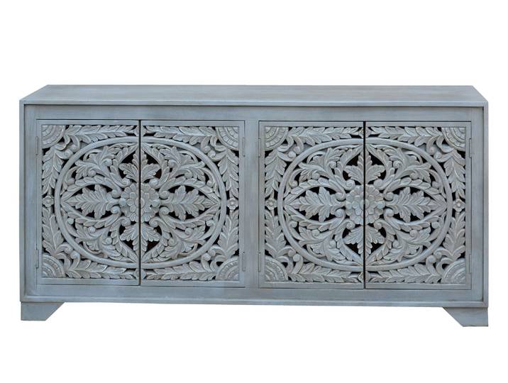 Sideboard OTTO HOME Kenmare , grau, B:170cm H:85cm T:40cm, Massivholz, Sideboards, Sideboard, Kommode aus Mangoholz, dekorative Schnitzereien, Breite 170 cm