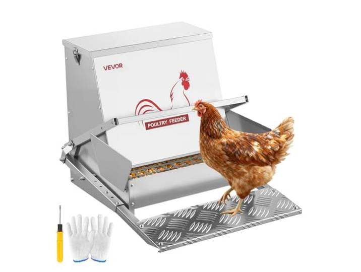 VEVOR Mangeoire Automatique à Pédale pour Poules 18\,14 kg Distributeur de Nourriture à Pédale pour Volailles\, en Acier Galvanisé\, avec Couvercle Verrouillable\, Étanche Anti-Nuisible Anti-Gaspillage