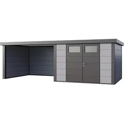 Telluria Metallgerätehaus Classico 3330 mit Lounge Anbau (ca. 344 cm Breite) lichtgrau Lounge-Anbau links