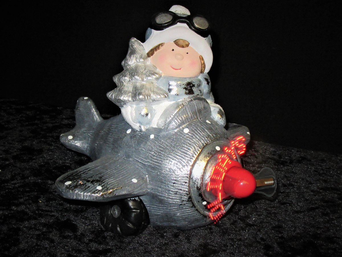 Kerstbeeldje Vliegtuig met Verlichting en Tekst in Propeller - Keramiek Decoratie