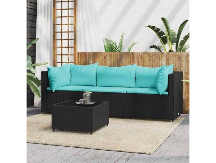 Salon de jardin 4 pcs avec coussins Noir Résine tressée Mobilier extérieur Terrasse
