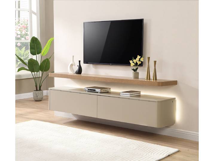 Beleuchtetes TV-Lowboard KEER 2-teilig MDF Mitteldichte Holzfaserplatte , lackiert Braun/Grau 180 x 35 x 35cm