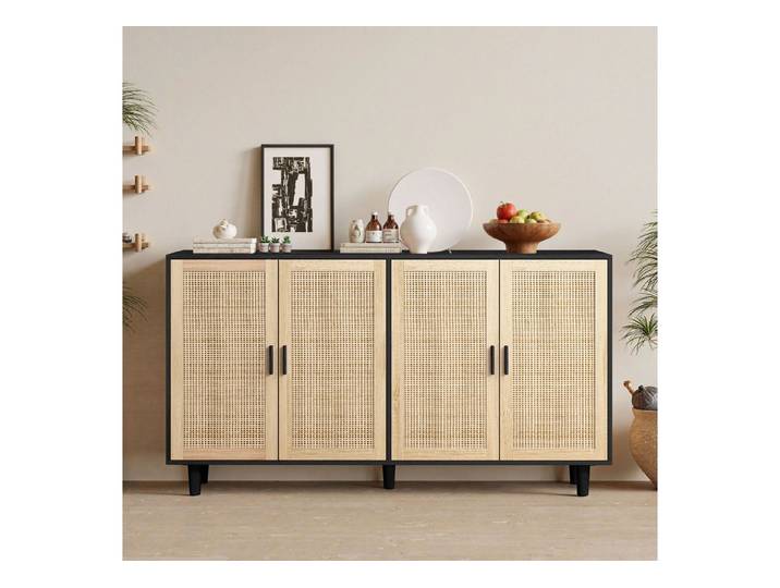 Celya Sideboard 158CM Sideboard Schlafzimmer, Rattanschrank, Aufbewahrungsschrank (Einfache Montage, Schwarz), Eleganter und funktioneller 4-türiger Rattan Schrank für Schlafzimmer