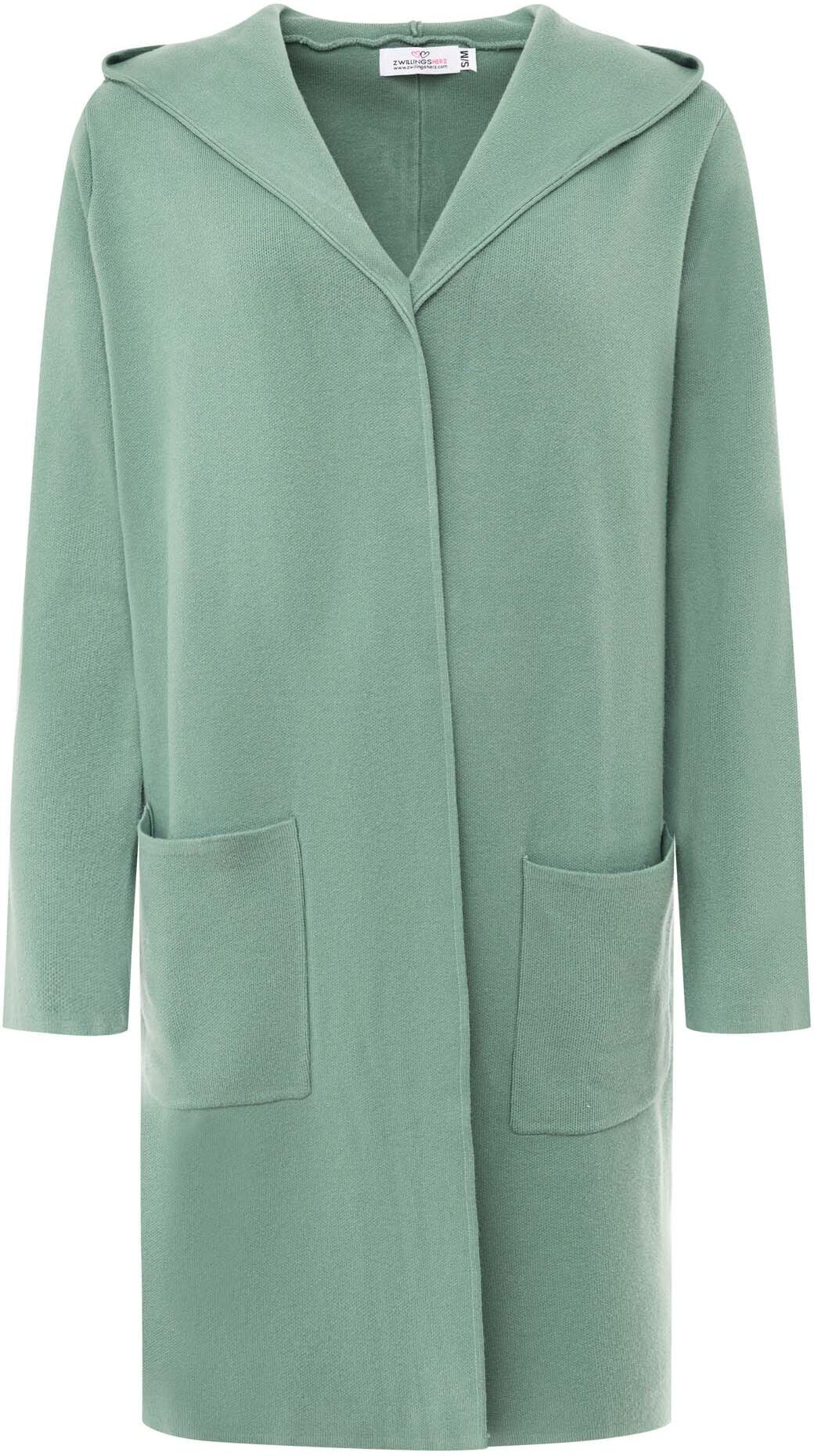 Cardigan ZWILLINGSHERZ, Damen, Gr. L/XL, grün (salbei), Sweatware, Obermaterial: 50% Viskose, 27% Polyester, 23% Polyamid, normal knielang, ohne Ausschnitt, Strickjacken Cardigan, Kapuze, Taschen, Langarm, ohne Verschluss salbei L/XL