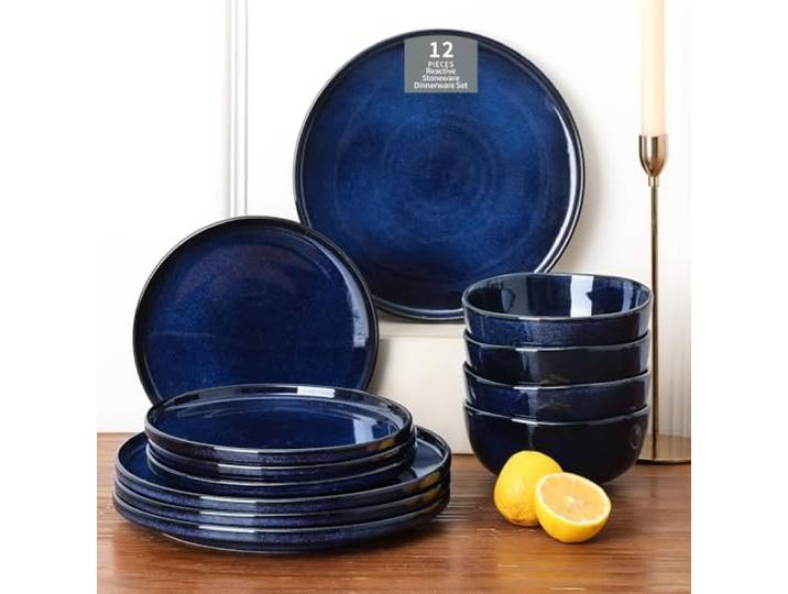 Vicrays Keramik-Geschirr-Set, 12-teilig, Speiseteller, Salatteller, Müslischalen, Set für 4 Personen, kratzfest, mikrowellengeeignet, spülmaschinenfest, Blau