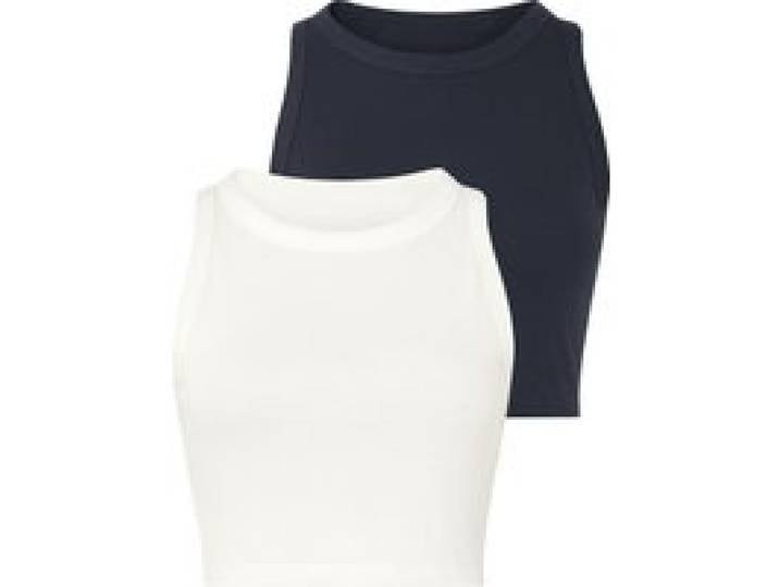ESMARA® Top crop femme, 2 pièces, en maille côtelée tendance. (blanc/navy, XXL (50/52))