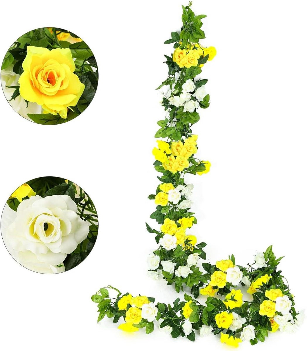 Kunstrozenslinger met gele tweekleurige zijden bloemen - 240 cm