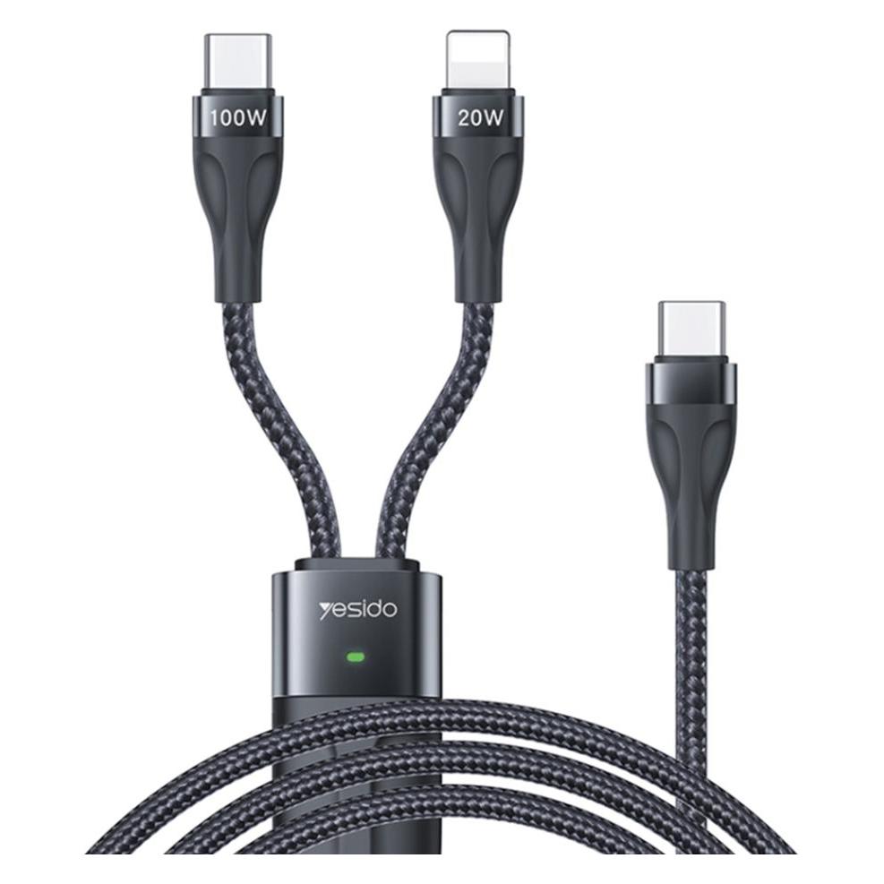 Yesido - Data Cable (CA87) - Type-C to Type-C, Lightning, 100W, 480Mbps, 1.4m - Black (1.40 m, USB 2.0, 100 W) (47608557)