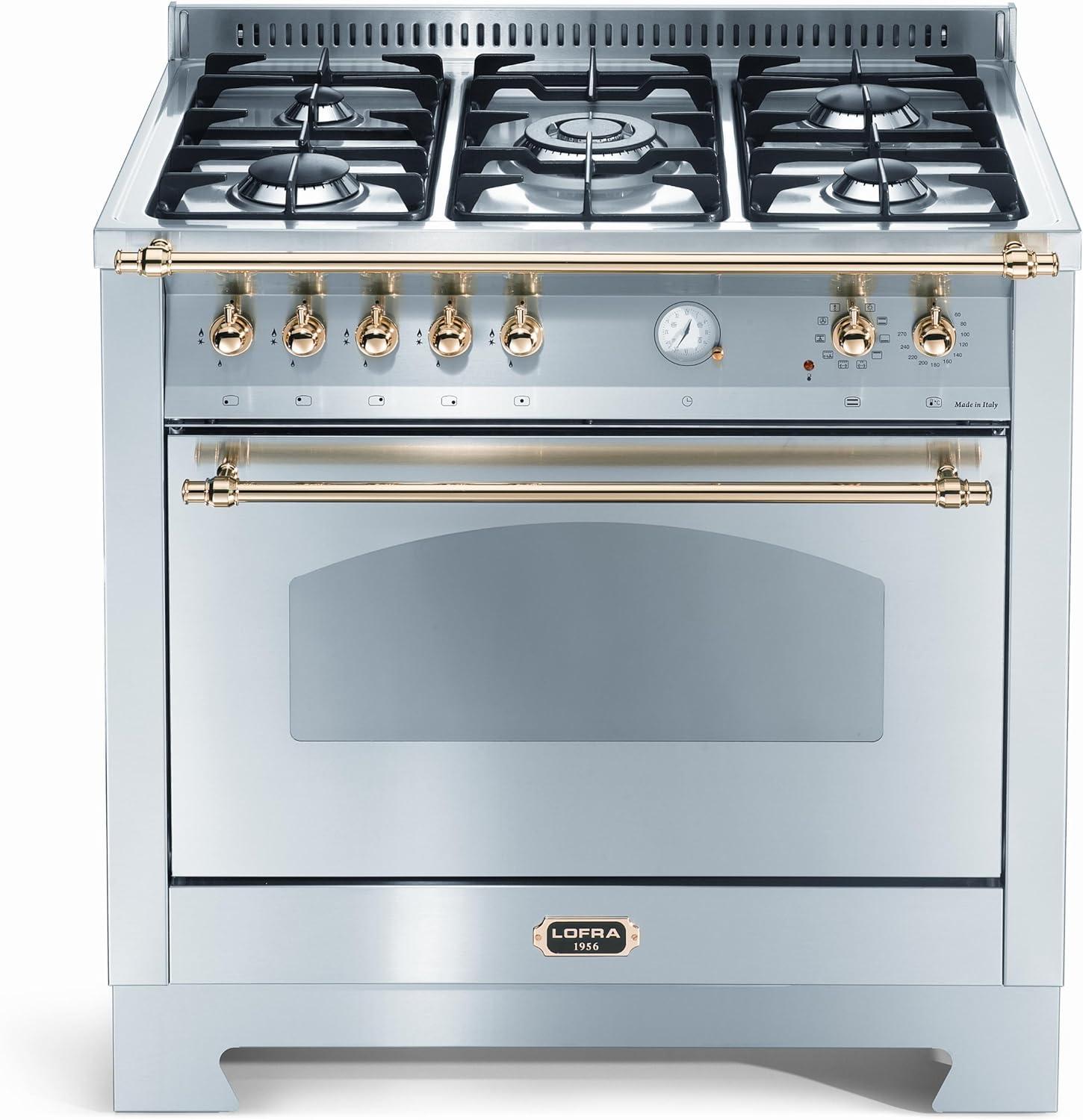 Lofra RSG96MFT/Ci, Range Cooker (Kochherd), Edelstahl, Drehregler, Messing, Vorderseite, Gaskochfeld