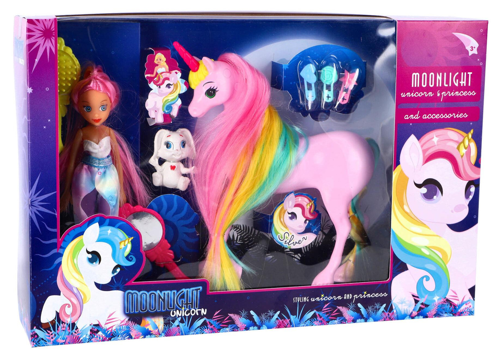 Moonlight Poppenset met eenhoorn en accessoires en kleurrijk haar