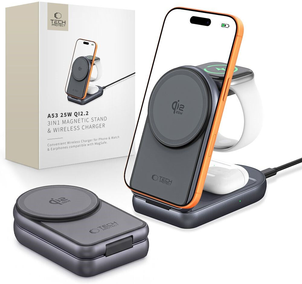Tech-Protect A53 3-in-1 25W Trådløs Oplader til Smartphone + Smartwatch + Høretelefoner - MagSafe / Qi2 Kompatibel - Mørkegrå
