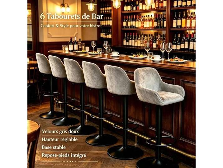 PIPIPOXER Lot de 6 Tabourets de Bar Gris Velours avec Accoudoirs Tabouret Réglable Pivotant 360° Confortable Café Gîte Bistrot