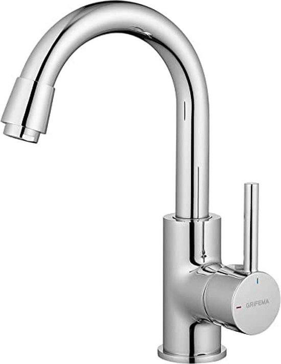 Unyqoos GRIFEMA G1002 wastafelmengkraan hoog model met éénhendelbediening en energiebesparende functie in zilverkleurig messing