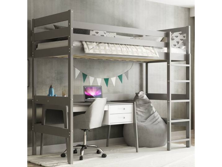 Hochbett 90x200 cm Grau - Massivholzbett für Jugendliche Komplettset inkl. Federlattenrost