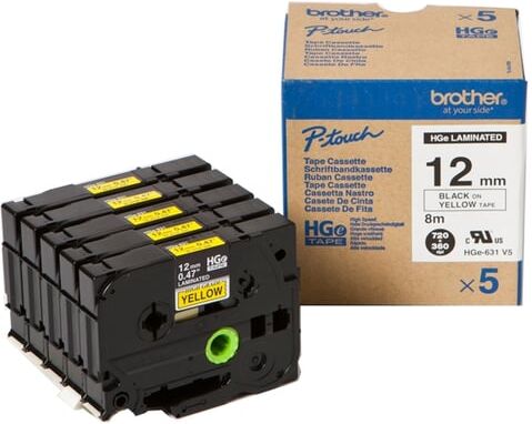 Brother HGe-631V5 Fita preta sobre amarela 12mm (5 unidades)