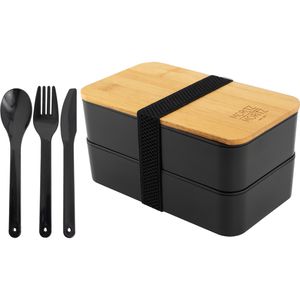 Moritz&Moritz Lunchbox Bento Box 2323, Kunststoff, Brotdose mit Besteck, 2-teilig, schwarz, 2x 680 ml