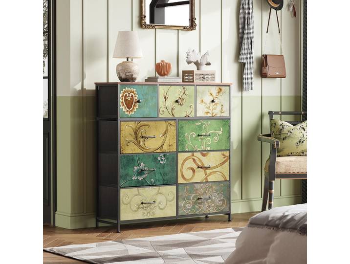 Commode Rosahqnda avec tiroirs Coiffeuse bohème avec panneau en bois, tiroirs en tissu, structure en métal, commode en tissu