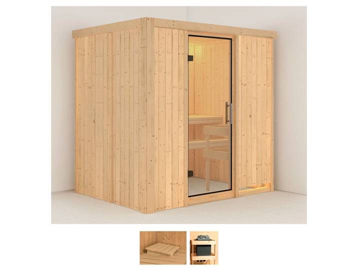 Sauna KARIBU Bedine , beige (naturbelassen), ohne Ofen, (ohne Ofen), Saunen, Sauna, ohne Ofen