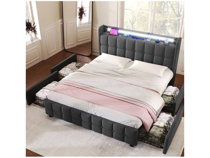 Lit double avec rangement 180x200 cm - EVRYAE avec 4 tiroirs LED prises et USB sans Matelas - Gris