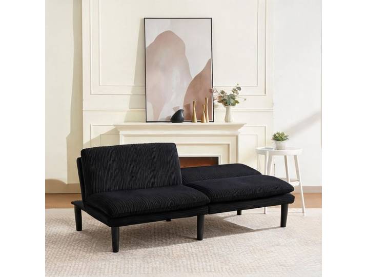 Sofa 2 places en velours côtelé noir dossier inclinable 3 positions structure bois loisirs