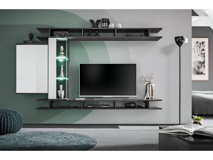 JVmoebel Wohnwand Eleganter Wandschrank aus Holz in modernem Grauton, (4-St., 2x Regal/Vitrine/Wandschrank), Made in Europa
